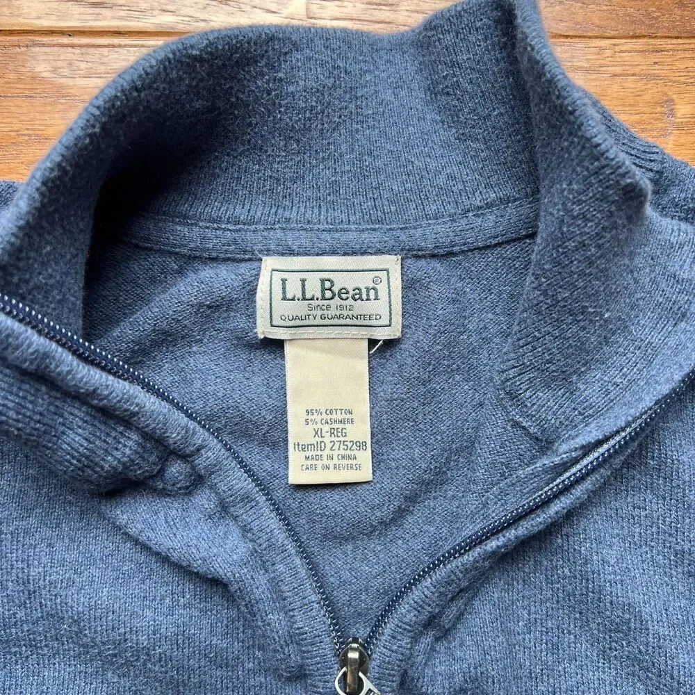 Quarter Zip Sweater Cotton Cashmere Blue LL Bean Men's XL Regular